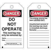 Brady Brady® 65502 Lockout Tag- Danger Do Not Operate, Self-Laminating, Heavy Duty Polyester, 25/Pack 65502